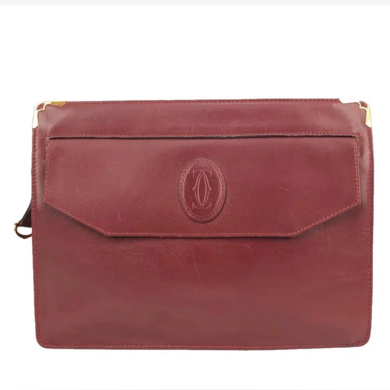 Authentic Vintage Cartier Must De Cartier Clutch Bag In Burgundy Leather